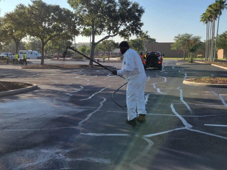 Washing parking lot after paving