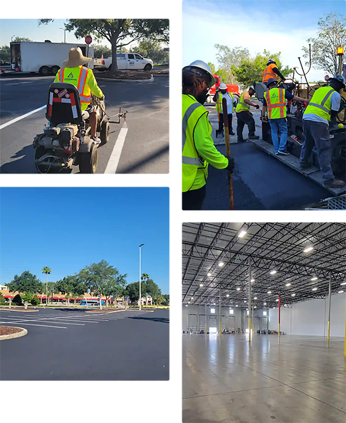Collage of commercial paving services including asphalt striping, paving crew, finished parking lot, and warehouse flooring